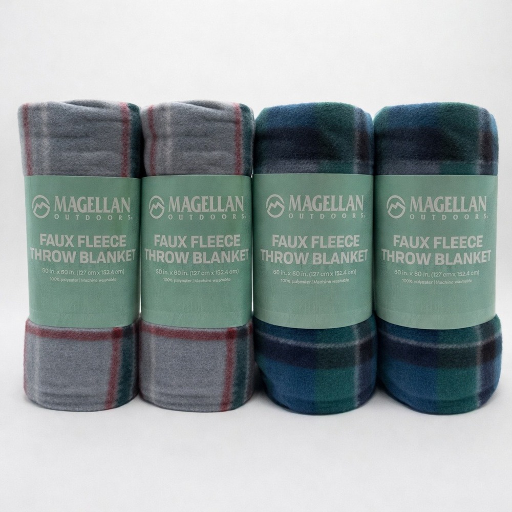 4 New Magellan Outdoors 50x60‎ Fleece Throw Blanket 2 Gray/Red and 2 Blue/Green